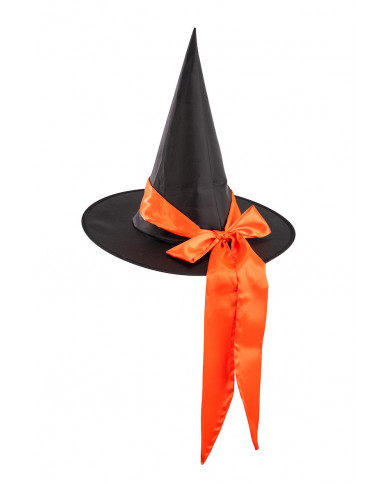 Witch hat in black plasticized fabric with orange satin bow