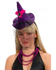 Mini purple witch hat with bat and veil, height cm.16, which