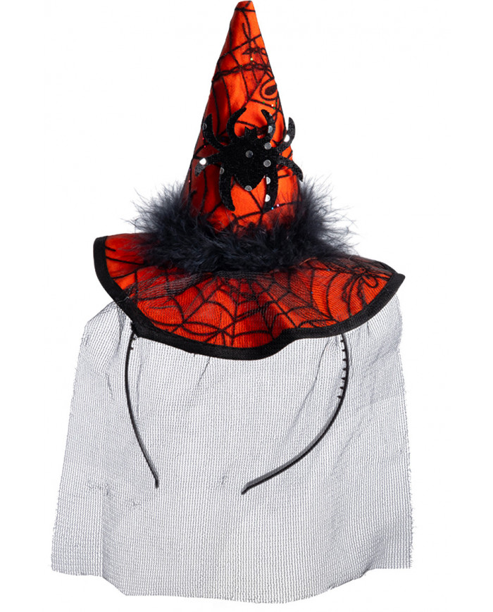 Mini orange witch hat with spider and veil, height cm.14, which