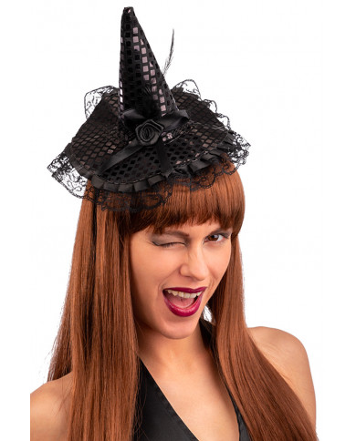 Mini cappello strega nero in raso con fiocco, alto cm.16 ca.
