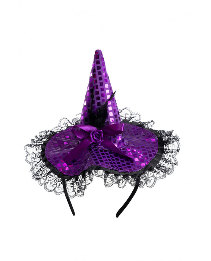 Mini purple witch hat in satin with bow, height cm.16, which