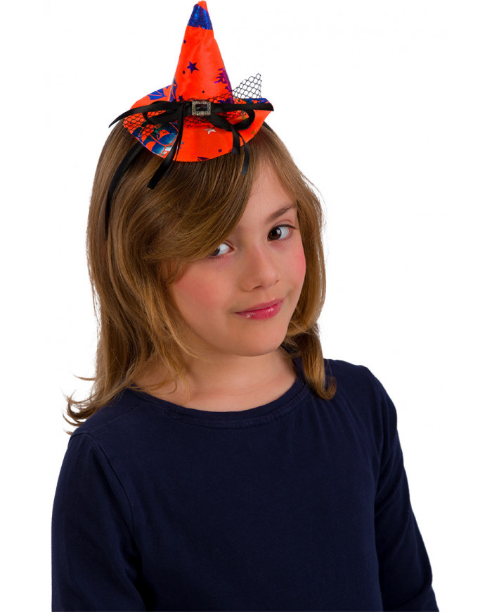 Mini orange witch hat with multicolor decorations, height cm.9
