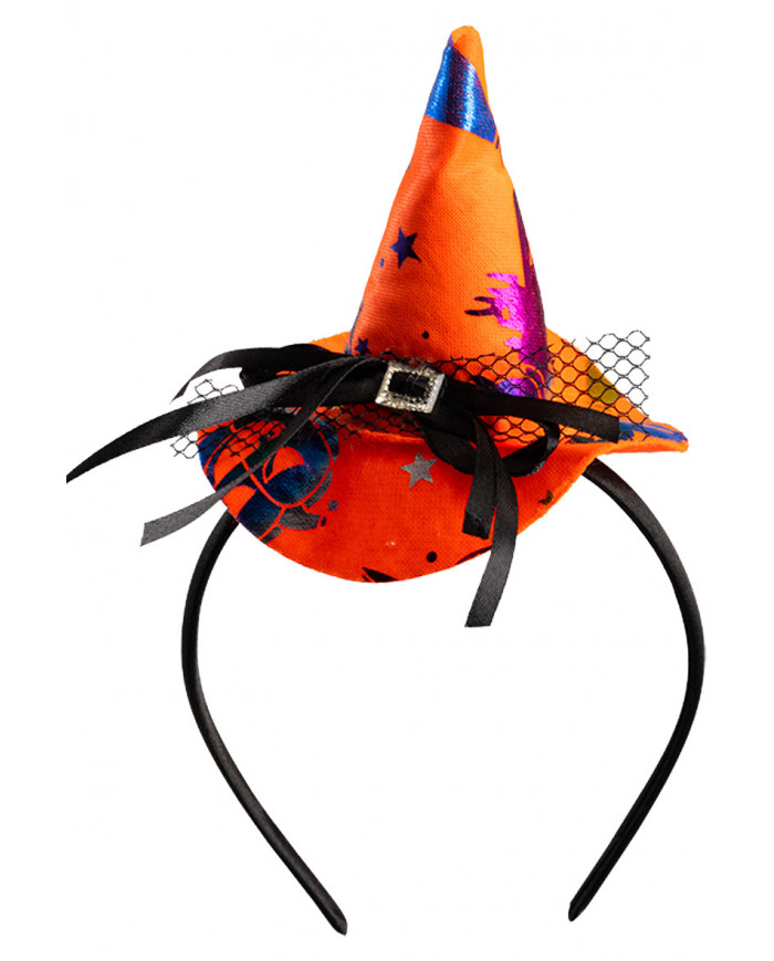 Mini orange witch hat with multicolor decorations, height cm.9