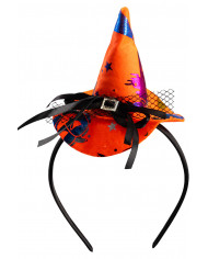 Mini cappello strega arancione con decorazioni multicolor, alto