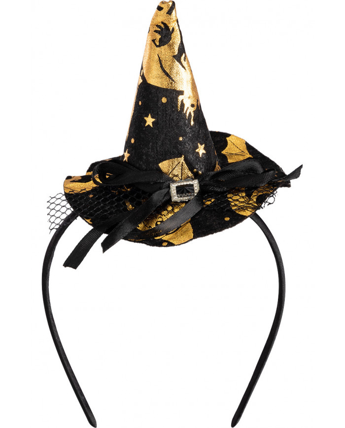Mini black witch hat with gold decorations, height cm.9, which