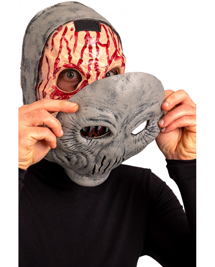 Full-face alien latex mask, the front part comes off showing