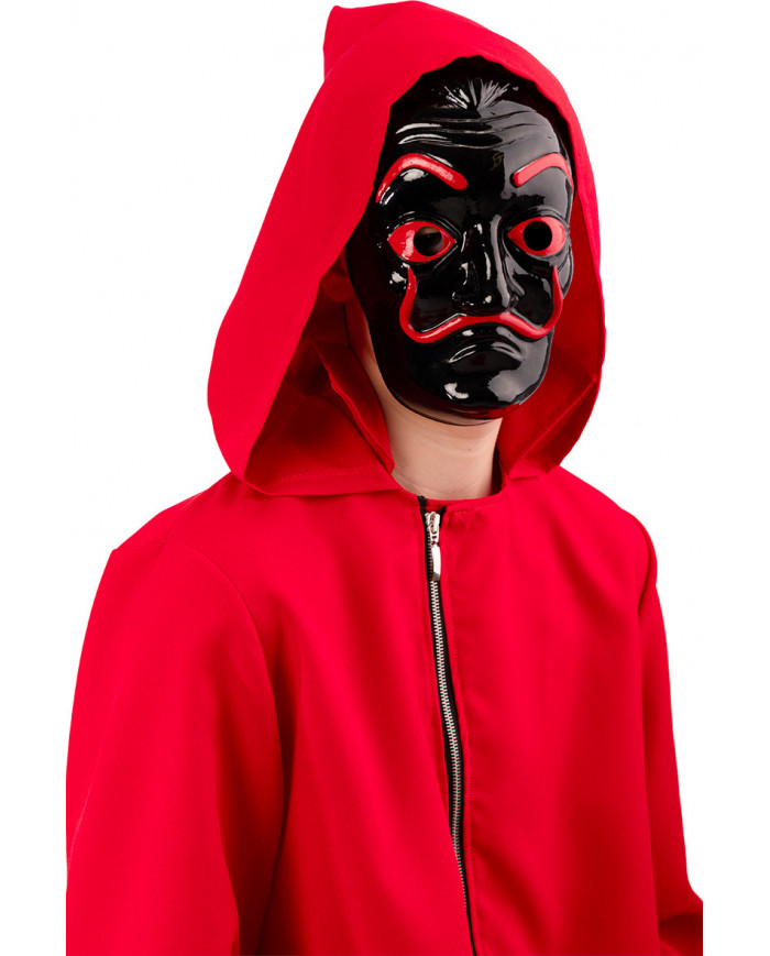 Maschera in plastica nera con decorazioni rosse del famoso