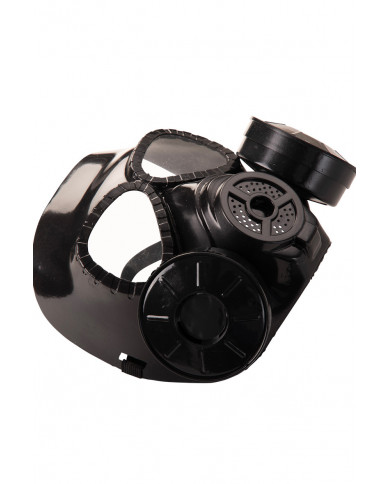 Maschera nera antigas con respiratore ed occhiali in plastica