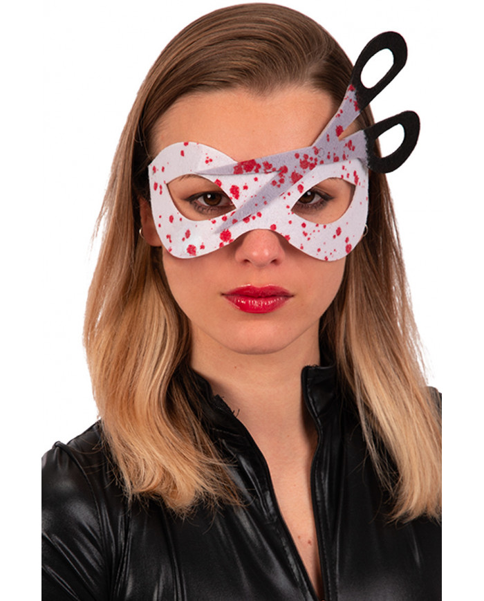 White fabric chinless mask with scissors and blood stains.