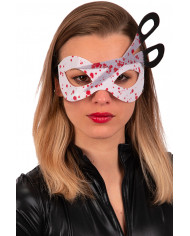 White fabric chinless mask with scissors and blood stains.