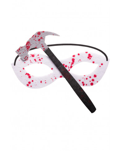 White fabric chinless mask with hammer and blood stains. Ideal