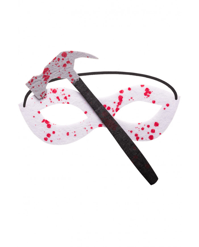 White fabric chinless mask with hammer and blood stains. Ideal