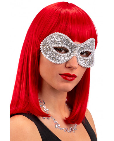 Maschera mezzo viso argento decorata con paillettes e perle. Un