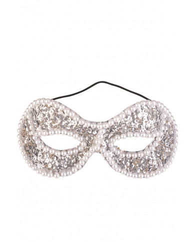 Maschera mezzo viso argento decorata con paillettes e perle. Un