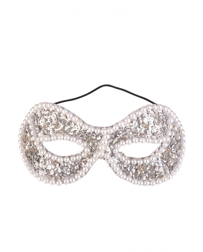 Maschera mezzo viso argento decorata con paillettes e perle. Un