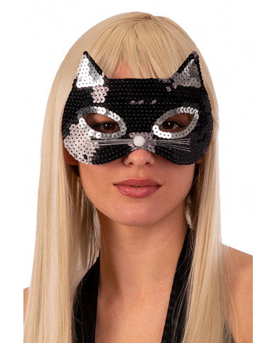 Black cat chinless mask decorated with sequins, one of the most