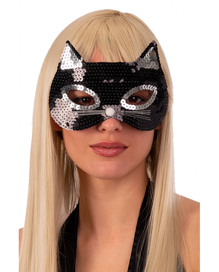 Black cat chinless mask decorated with sequins, one of the most
