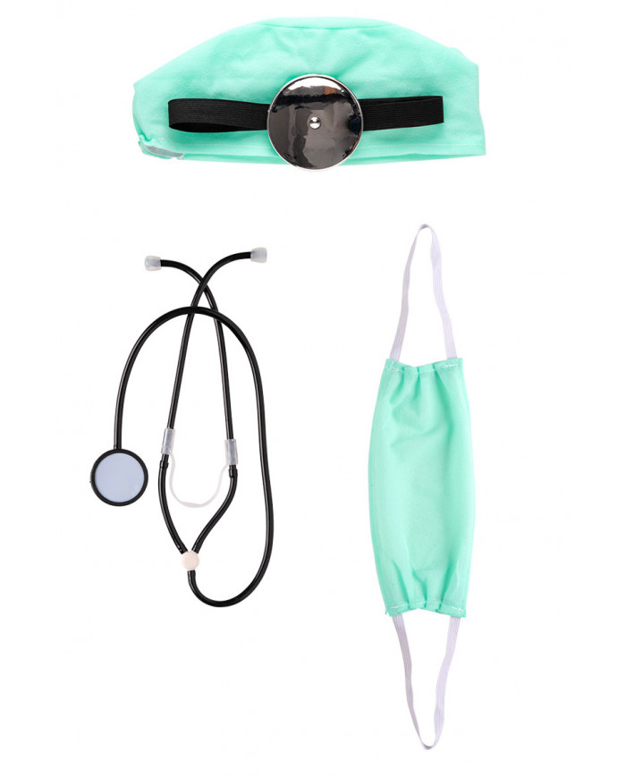Medical set consisting of cap, mask, stethoscope and reflector