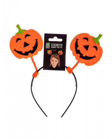 Headband with orange antennas with two smiling pumpkins in felt