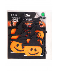 Garland with cute orange pumpkins with black witch hat. Made of