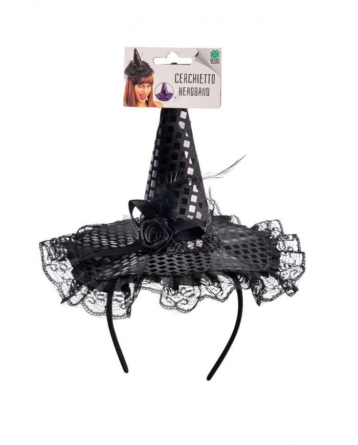 Mini cappello strega nero in raso con fiocco, alto cm.16 ca.