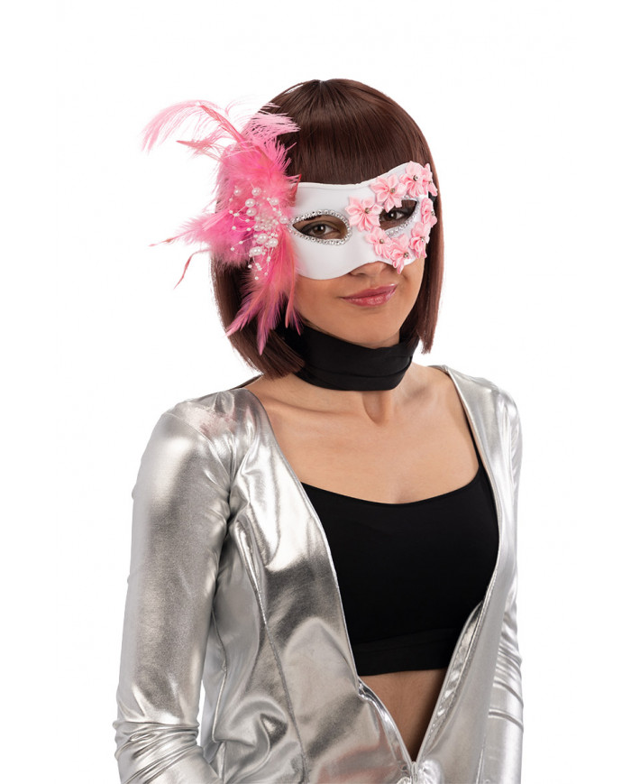 Half-face mask in white and pink plastic w/roses and feather