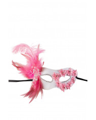 Half-face mask in white and pink plastic w/roses and feather