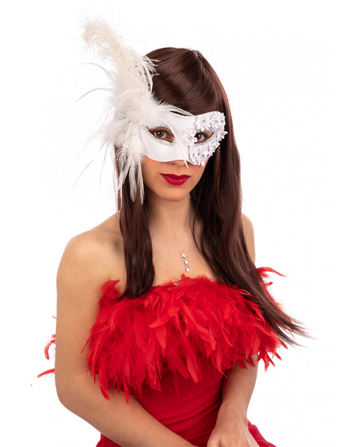 Half-face white plastic mask decorated with roses and feathers.