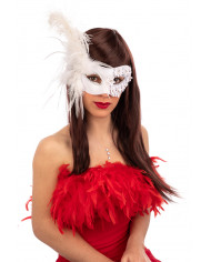 Half-face white plastic mask decorated with roses and feathers.