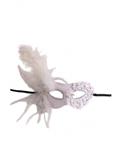 Half-face white plastic mask decorated with roses and feathers.