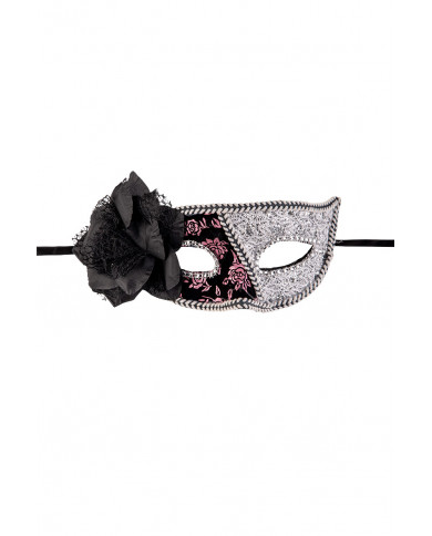 Venetian half-face mask in plastic, covered with black, pink