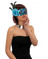 Venetian half-face mask in plastic, covered with blue sequins.