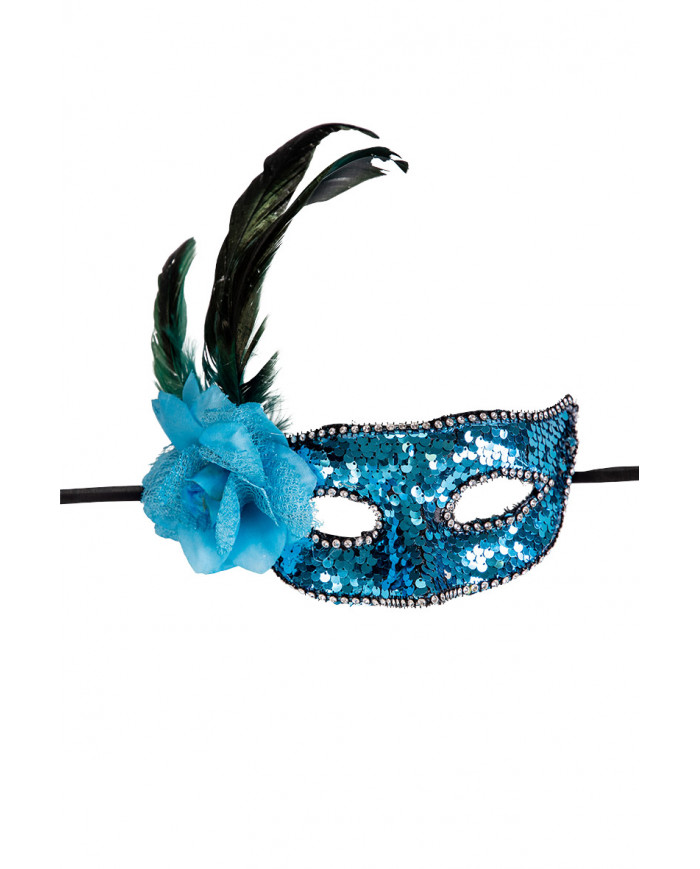 Venetian half-face mask in plastic, covered with blue sequins.