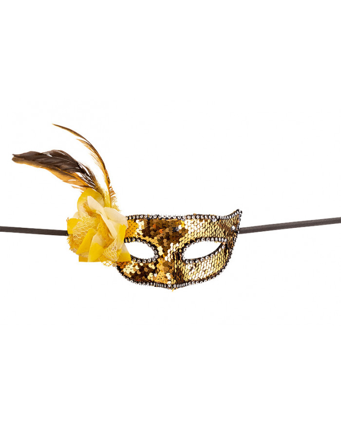 Venetian half-face mask in plastic, coated with gold sequins.