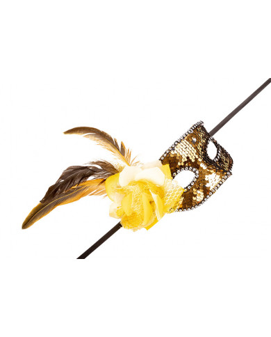 Venetian half-face mask in plastic, coated with gold sequins.