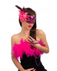 Venetian half-face mask in plastic, covered with fuchsia