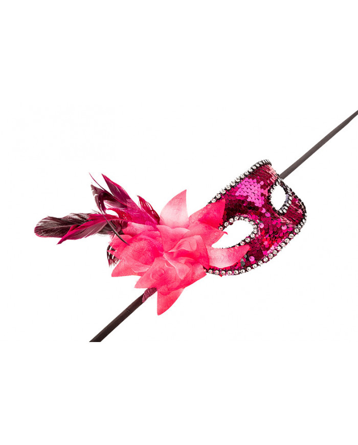 Venetian half-face mask in plastic, covered with fuchsia