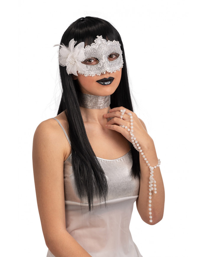 Venetian half-face mask in plastic covered with silver damask