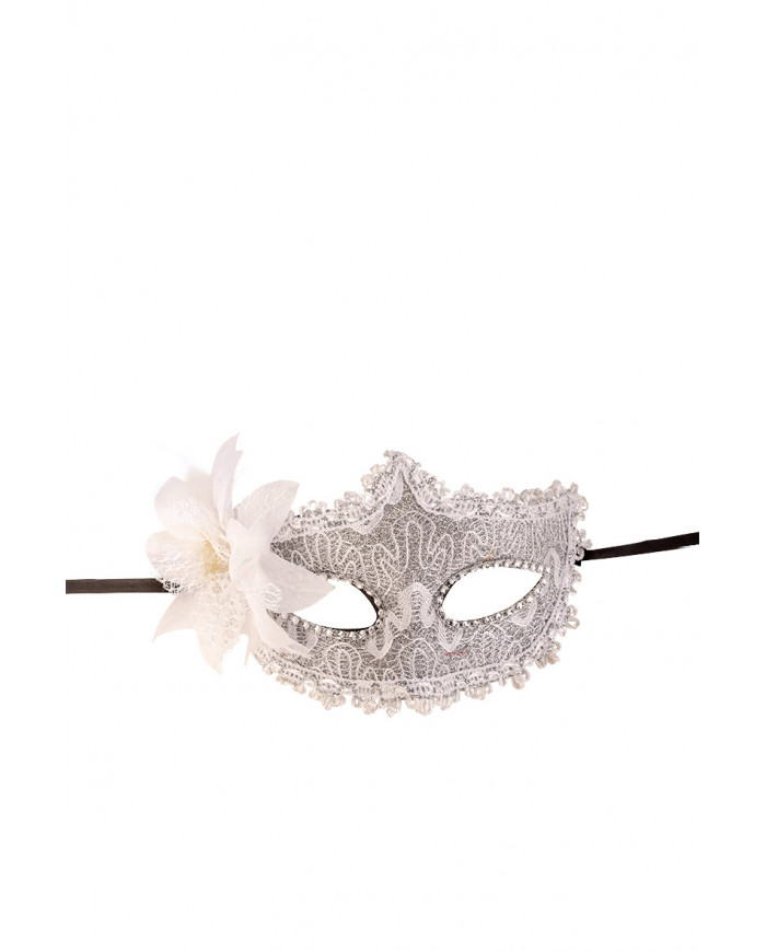Venetian half-face mask in plastic covered with silver damask