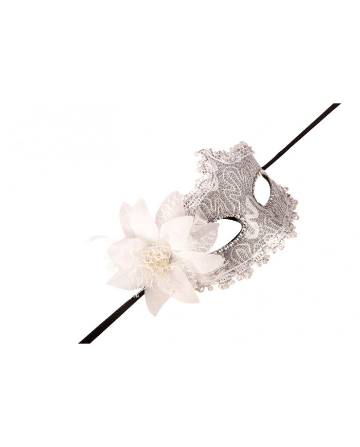 Venetian half-face mask in plastic covered with silver damask