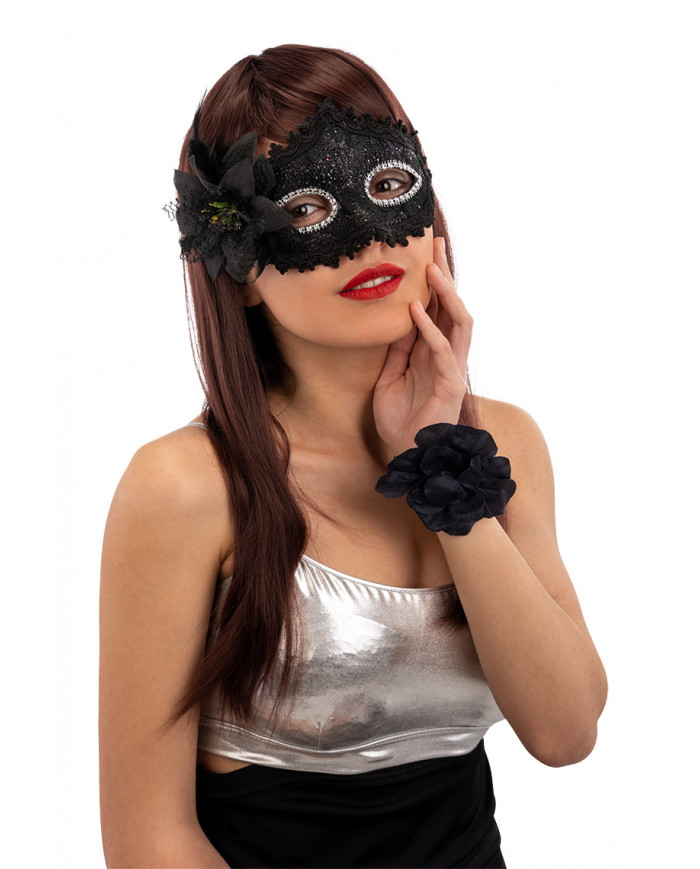 Venetian half-face mask in plastic covered with black damask
