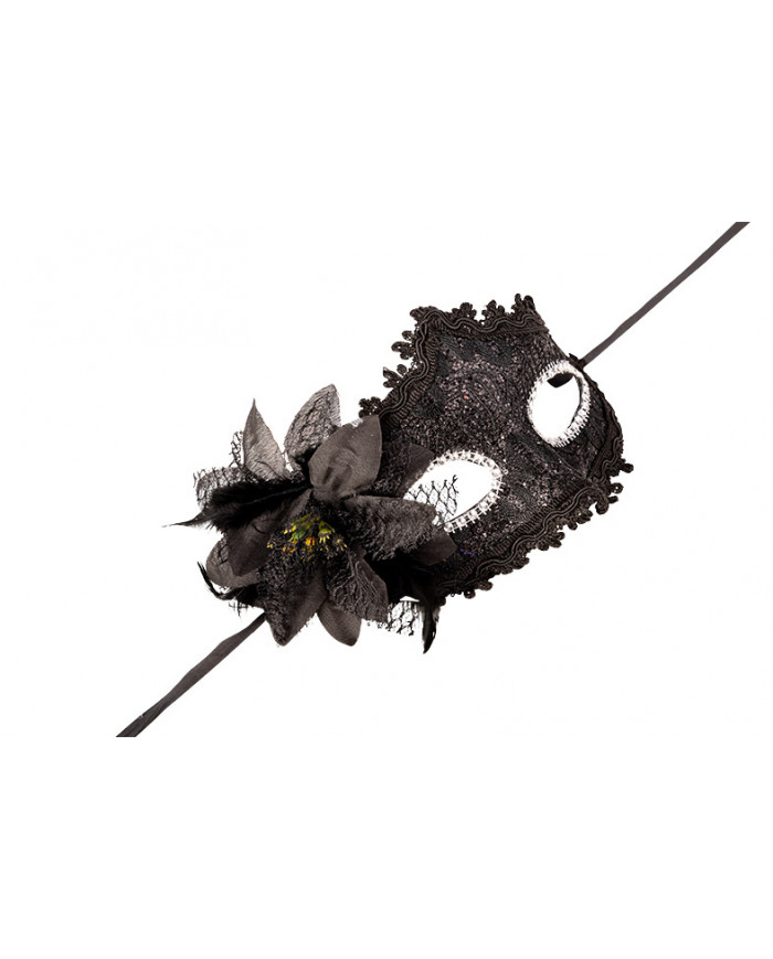 Venetian half-face mask in plastic covered with black damask