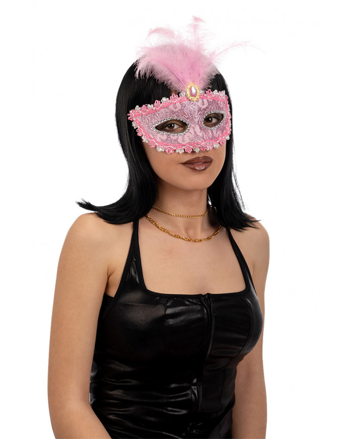 Venetian half-face mask in plastic, covered with pink damask