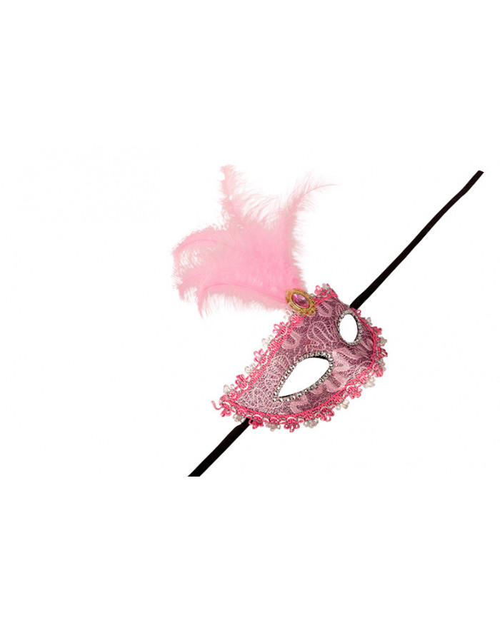 Venetian half-face mask in plastic, covered with pink damask