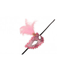 Venetian half-face mask in plastic, covered with pink damask