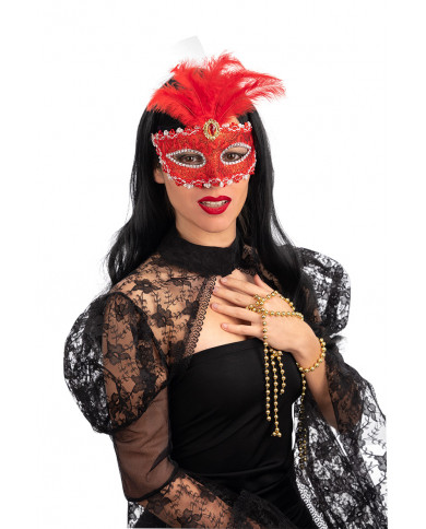 Venetian half-face mask in plastic, covered with red damask