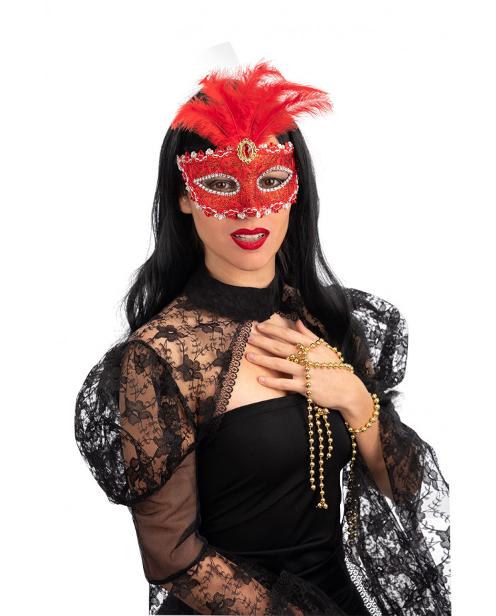 Venetian half-face mask in plastic, covered with red damask