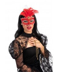 Venetian half-face mask in plastic, covered with red damask