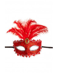 Venetian half-face mask in plastic, covered with red damask
