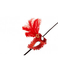 Venetian half-face mask in plastic, covered with red damask